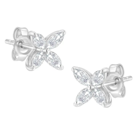 14K Gold Marquise Diamond 8 Stone Floral Leaf Stud Earrings (I-J Color, SI2-I1 Clarity) - Pack Of: 1