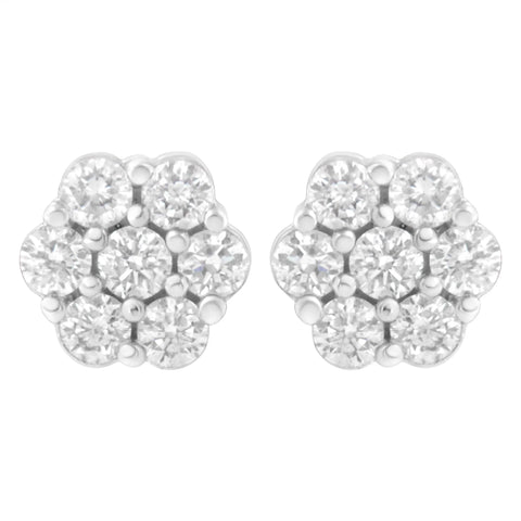 14K White Gold 7 Stone Floral Cluster Round Brilliant Cut Diamond Stud Earrings with Screw Backs(I-J, SI2-I1) - Pack Of: 1