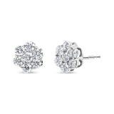 14K White Gold 7 Stone Floral Cluster Round Brilliant Cut Diamond Stud Earrings with Screw Backs(I-J, SI2-I1) - Pack Of: 1