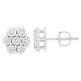 14K White Gold 7 Stone Floral Cluster Round Brilliant Cut Diamond Stud Earrings with Screw Backs(I-J, SI2-I1) - Pack Of: 1