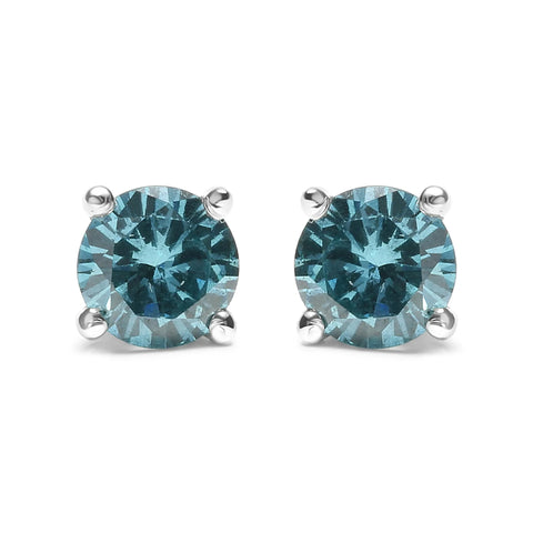 14K Gold 1/2 Cttw Aqua Blue Diamond Screw-Back 4-Prong Classic Stud Earrings (Color Treated, I2-I3)