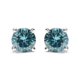 14K Gold 1/2 Cttw Aqua Blue Diamond Screw-Back 4-Prong Classic Stud Earrings (Color Treated, I2-I3)