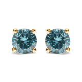 14K Gold 1/2 Cttw Aqua Blue Diamond Screw-Back 4-Prong Classic Stud Earrings (Color Treated, I2-I3)