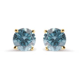 14K Yellow Gold 1.0 Cttw Treated Aqua Blue Diamond Classic Solitaire Stud Earrings (Aqua Blue Color, I2-I3 Clarity)