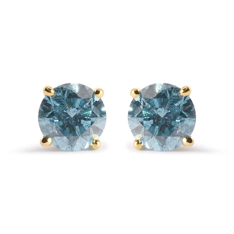 14K Yellow Gold 1.0 Cttw Treated Aqua Blue Diamond Classic Solitaire Stud Earrings (Aqua Blue Color, I2-I3 Clarity)