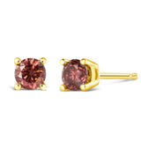 14K Yellow Gold 1.00 Cttw Round Brilliant Cut Lab Grown Pink Diamond 4-Prong Classic Solitaire Earrings (Pink Color, VVS2-VS1 Clarity)