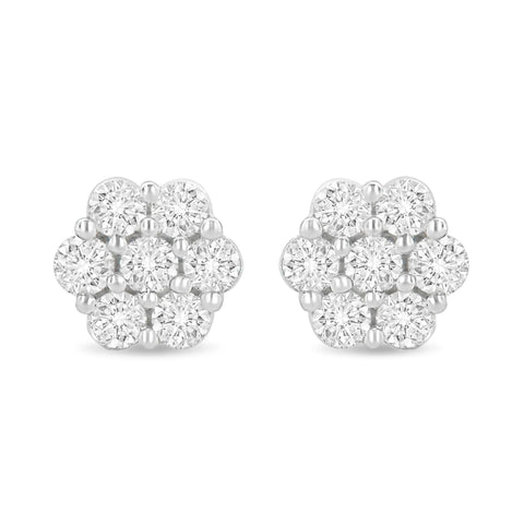 14K White Gold 1 1/2 cttw Prong Set Round-Cut Diamond Floral Cluster Stud Earrings (I-J Color, SI1-SI2 Clarity)