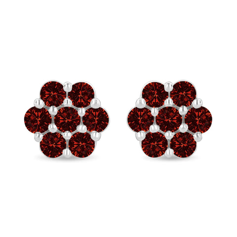 14K White Gold 1.0 Cttw Treated Red Diamond Prong Set 7 Stone Floral Stud Earrings (Treated Red Color, SI2-I1 Clarity)