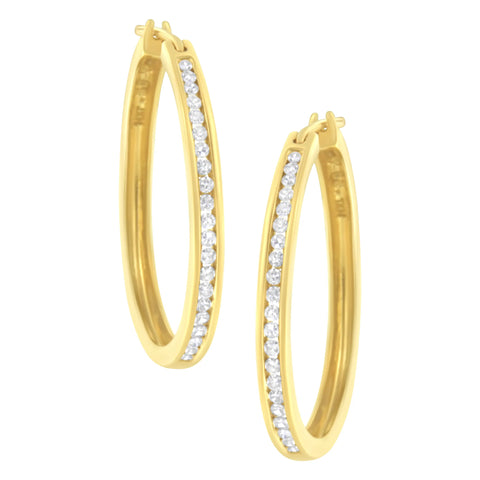 14 Karat Yellow Gold 1/2 Carat Total Weight Channel Set Diamond Classic Hoop Earrings