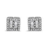 14 Karat White Gold 1 CTTW Round and Baguette Diamond Stud Earrings