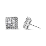 14 Karat White Gold 1 CTTW Round and Baguette Diamond Stud Earrings