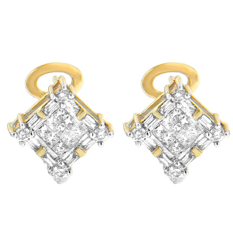 14 Karat Yellow Gold 1 CTTW Round, Baguette and Princess-cut Diamond Earrings