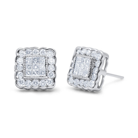 14 Karat White Gold 1ct. Total Diamond Weight Round-cut and Princess-cut Diamond Stud Earring