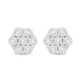 14 Karat White Gold 1.0 Carat Total Weight Prong Set Round-Cut Diamond Floral Stud Earrings