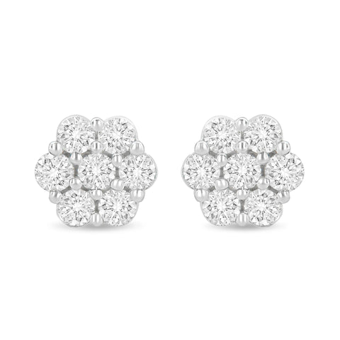 14 Karat White Gold 1.0 Carat Total Weight Prong Set Round-Cut Diamond Floral Stud Earrings