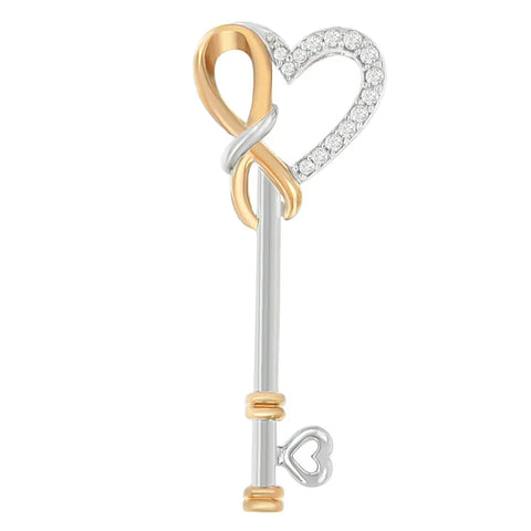 Two-Tone Sterling Silver Diamond Heart and Key Pendant Necklace (0.10 cttw, H-I Color, I1-I2 Clarity)