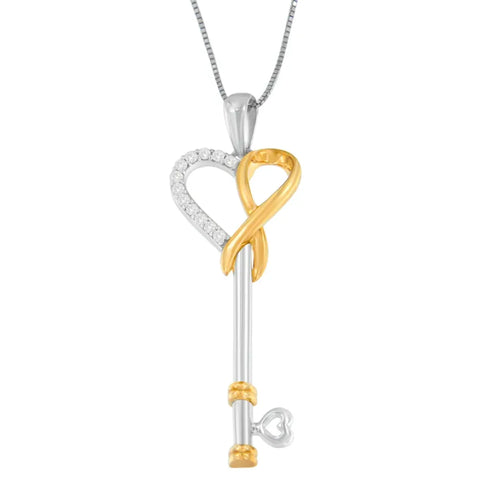 Two-Tone .925 Sterling Silver 1/10 Cttw Diamond Heart Key with Awareness Ribbon Pendant Necklace (H-I Color, I1-I2 Clarity)