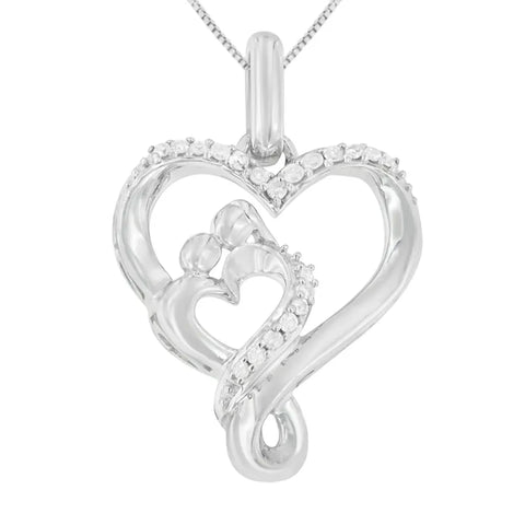 .925 Sterling Silver 1/10 Cttw Diamond Mother & Child Double Open Heart 18