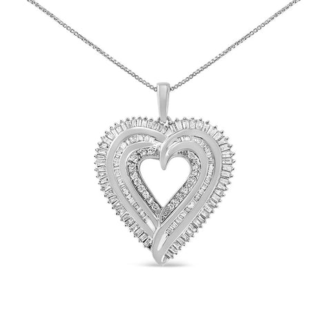 .925 Sterling Silver 1 1/2 Cttw Baguette Diamond Composite Heart 18