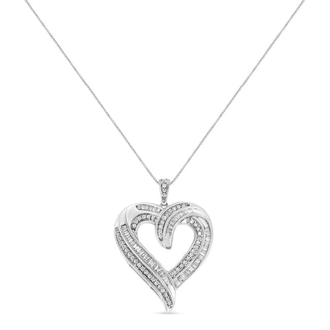 .925 Sterling Silver 3/4 Cttw Round and Baguette-Cut Diamond Open Heart 18