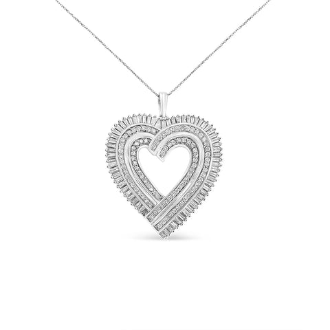 .925 Sterling Silver 1 1/4 Cttw Round and Baguette-Cut Diamond Composite Heart 18