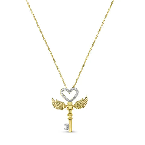 10K Yellow Gold over .925 Sterling Silver Diamond Accented Heart Angel Wing Key to Heaven 18