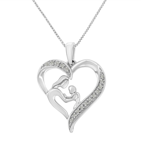 .925 Sterling Silver 1/10 cttw Diamond Heart and Mother 18