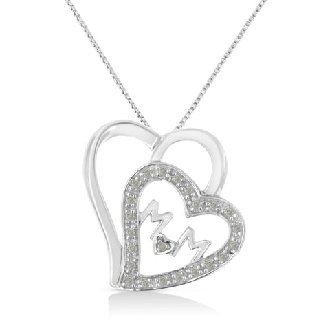 .925 Sterling Silver 1/10 Cttw Diamond Double Heart and Mom 18