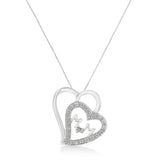 .925 Sterling Silver 1/10 Cttw Diamond Double Heart and Mom 18" Pendant Necklace (I-J Color, I3 Clarity)