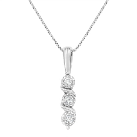 .925 Sterling Silver 1/10 cttw Miracle-Set Round Cut Diamond Three Stone Drop Pendant 18