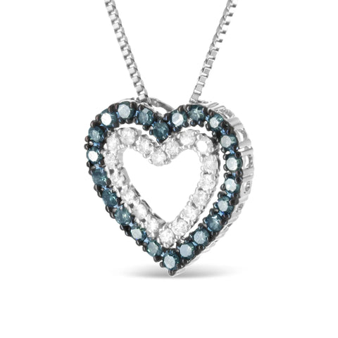 .925 Sterling Silver 1/2 Cttw Treated Blue and White Diamond Double Heart 18