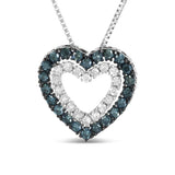 .925 Sterling Silver 1/2 Cttw Treated Blue and White Diamond Double Heart 18" Pendant Necklace (Blue/I-J Color, I2-I3 Clarity)