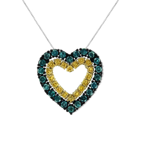 14K Yellow Gold Plated .925 Sterling Silver 1/2 cttw Color Treated Diamond Heart Pendant Necklace (Blue, Yellow, I2-I3 Clarity) - Size 18