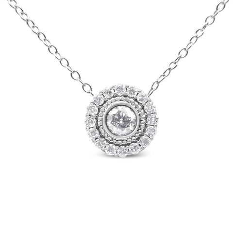 .925 Sterling Silver 1/2 Cttw Round Diamond Halo Circle Pendant 18