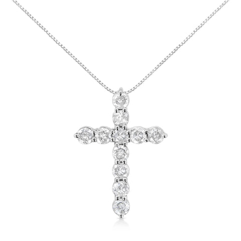 .925 Sterling Silver 1.0 Cttw Prong Set Round-Cut Diamond Cross 18