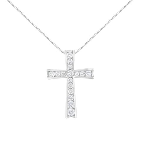 .925 Sterling Silver 1/2 Cttw Prong-Set Round-Cut Diamond Inlay Style Cross 18