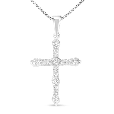 .925 Sterling Silver 1/2 Cttw Round Diamond Cross Pendant 18