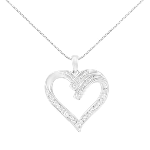 .925 Sterling Silver 1/2 Cttw Channel Set Round and Baguette Cut Diamond Open Heart 18