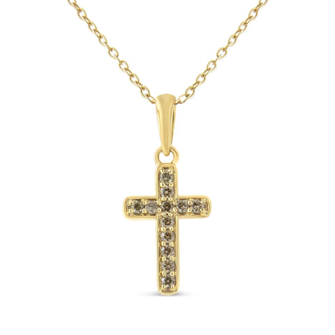 10K Yellow Gold Flashed .925 Sterling Silver 1/4 Cttw Champagne Diamond Cross Pendant Necklace (K-L Color, I1-I2 Clarity) - 18