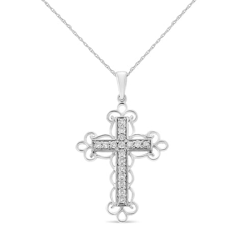 .925 Sterling Silver 1/4 Cttw Round Cut Diamond Art Deco Style Cross 18