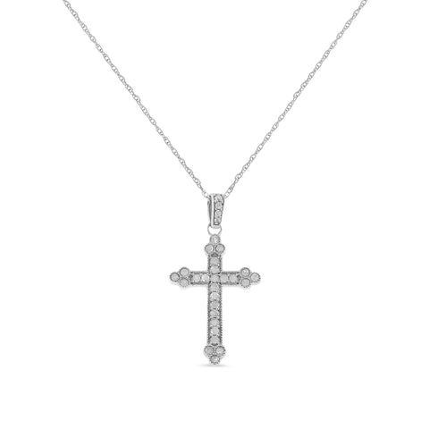 .925 Sterling Silver 1/4 Cttw Prong Set Round-Cut Diamond Cross 18