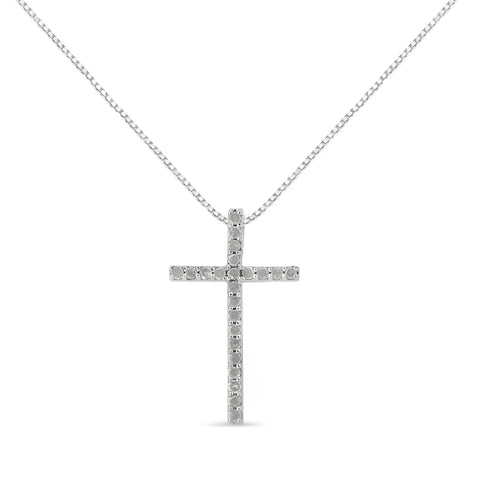 .925 Sterling Silver 1/4 Cttw Round-Cut Diamond Cross 18