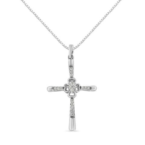 .925 Sterling Silver 1/10 Cttw Prong Set Diamond Cross 18