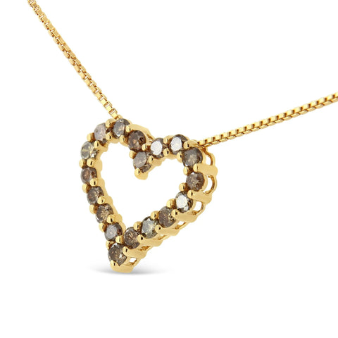 14K Yellow Gold Plated .925 Sterling Silver 1.0 Cttw Champagne Diamond Heart Pendant Necklace (K-L Color, I1-I2 Clarity) - 18