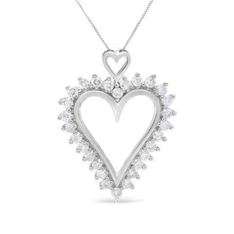 .925 Sterling Silver 1 3/4 Cttw Round Diamond Lined Open Heart Pendant 18