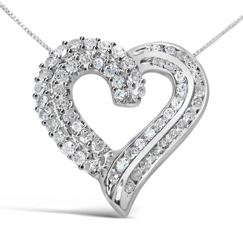 .925 Sterling Silver 1.0 Cttw Prong & Channel-Set Diamond Open work Ribbon Heart Pendant 18