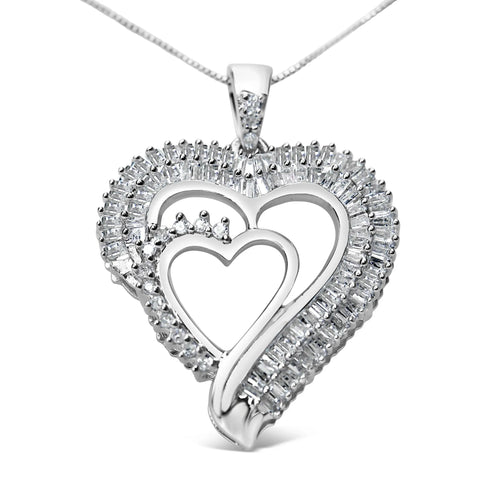 .925 Sterling Silver 3/4 Cttw Round and Baguette Diamond Double Heart Pendant 18