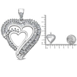 .925 Sterling Silver 3/4 Cttw Round and Baguette Diamond Double Heart Pendant 18" Necklace (I-J Color, I3 Clarity)