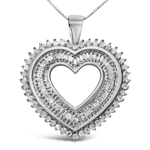 .925 Sterling Silver 1.0 Cttw Baguette and Round Diamond  Heart Pendant 18