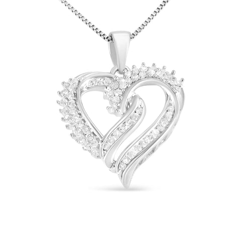 .925 Sterling Silver 1/2 Cttw Diamond Double Row Openwork Heart Pendant 18